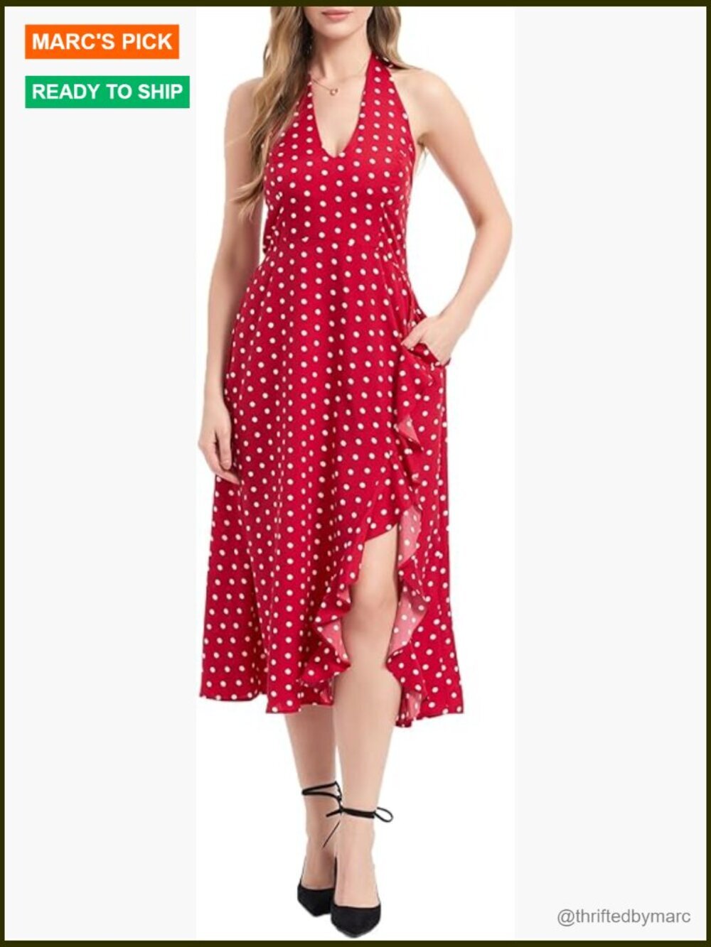 Polka Dot Halter Midi Dress V-Neck Ruffle Split Flowy Summer Dress